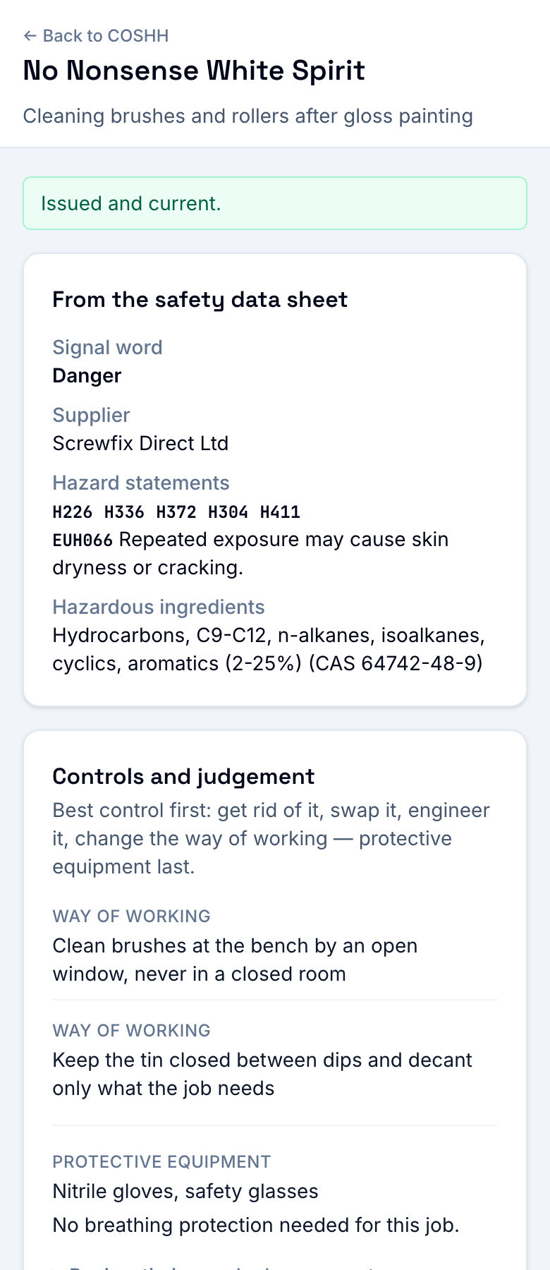 The judgement screen: controls listed best-first, protective equipment, and a picker confirming which controls cover each exposure route.