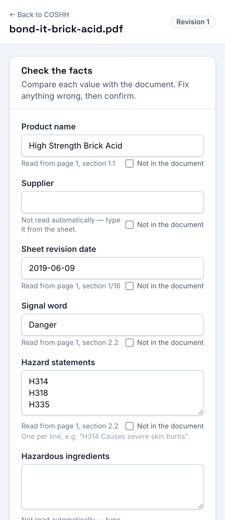 The tool showing the supplier safety data sheet beside the facts read from it, each labelled with its page and section.