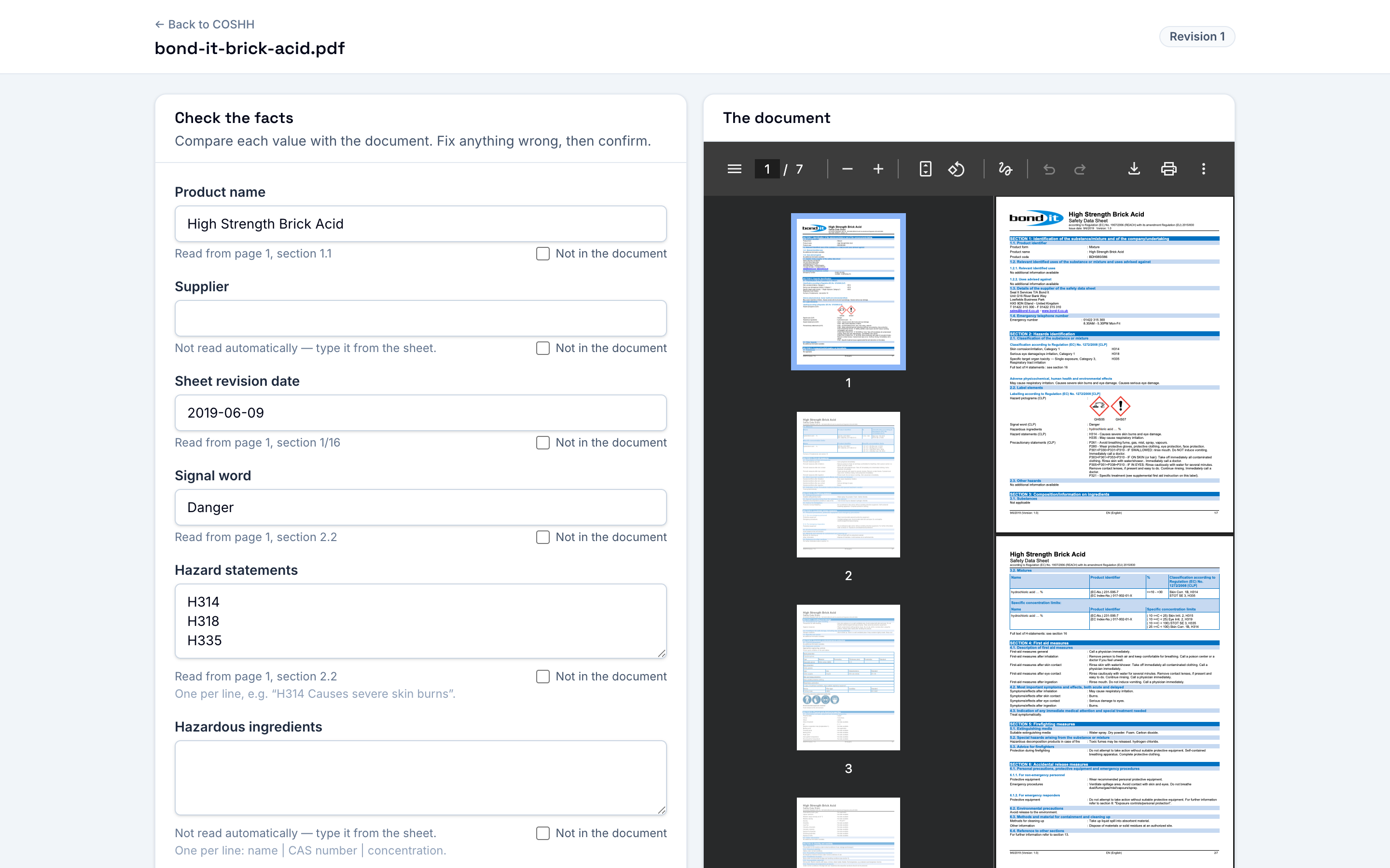 The tool showing the supplier safety data sheet beside the facts read from it, each labelled with its page and section.