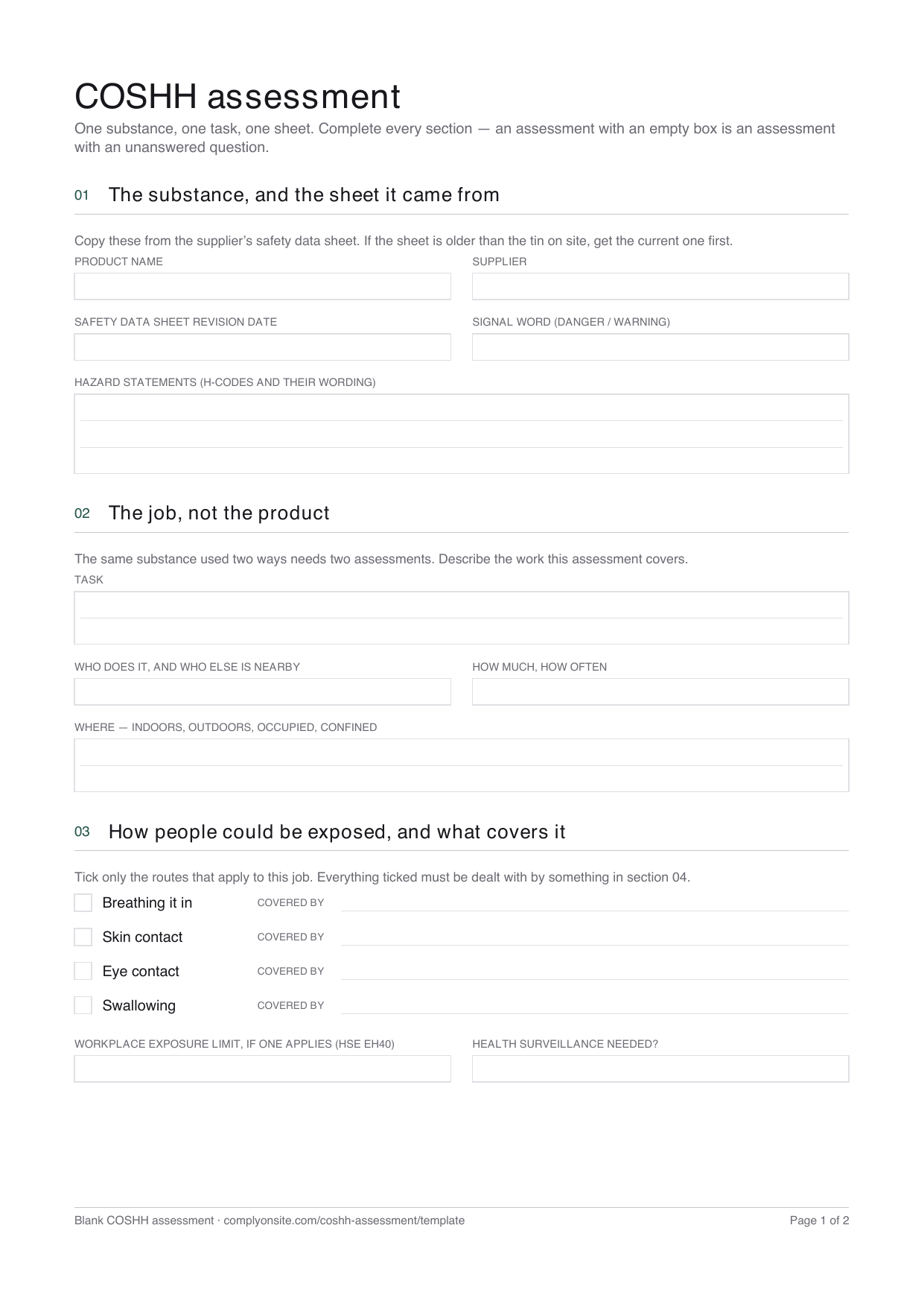 Page one of the blank COSHH assessment template.