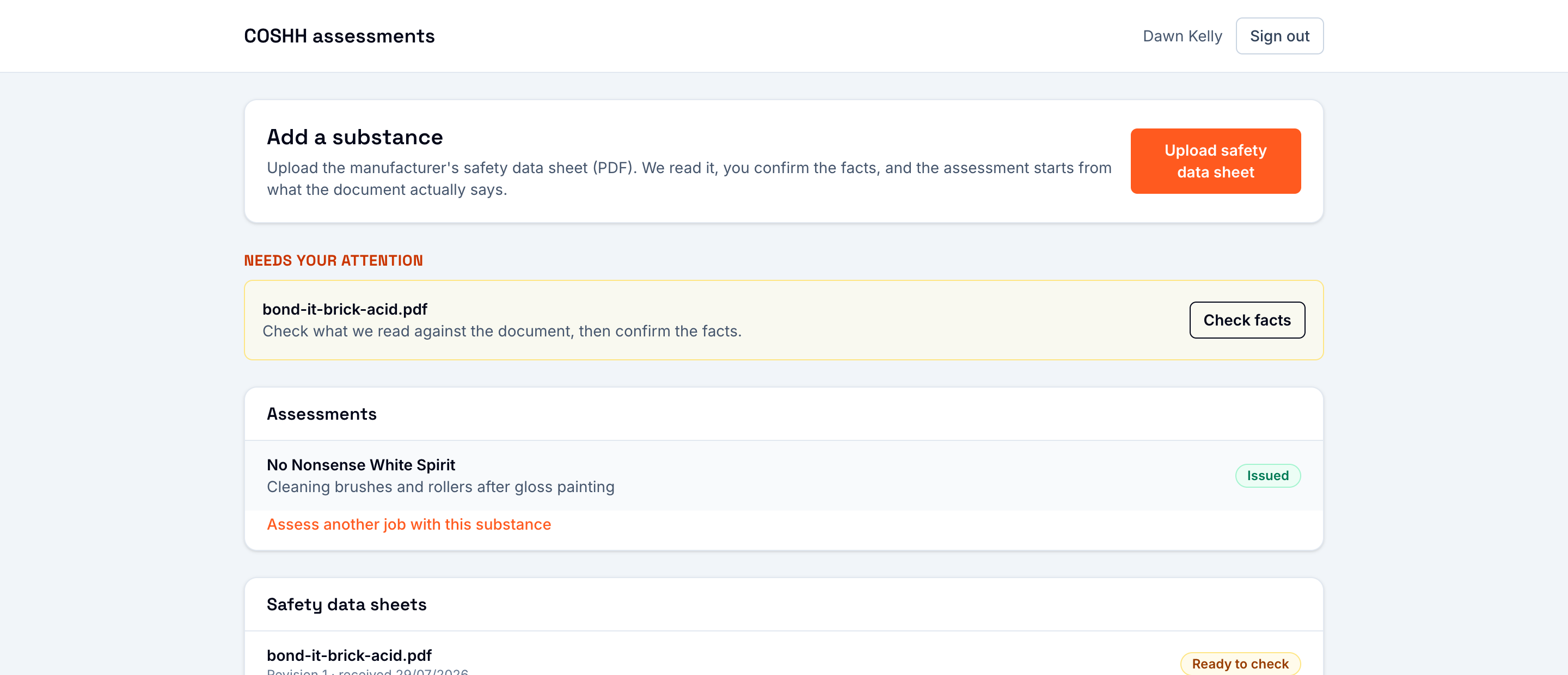The workroom: safety data sheets and assessments listed with their states — draft, issued, needs reassessment.